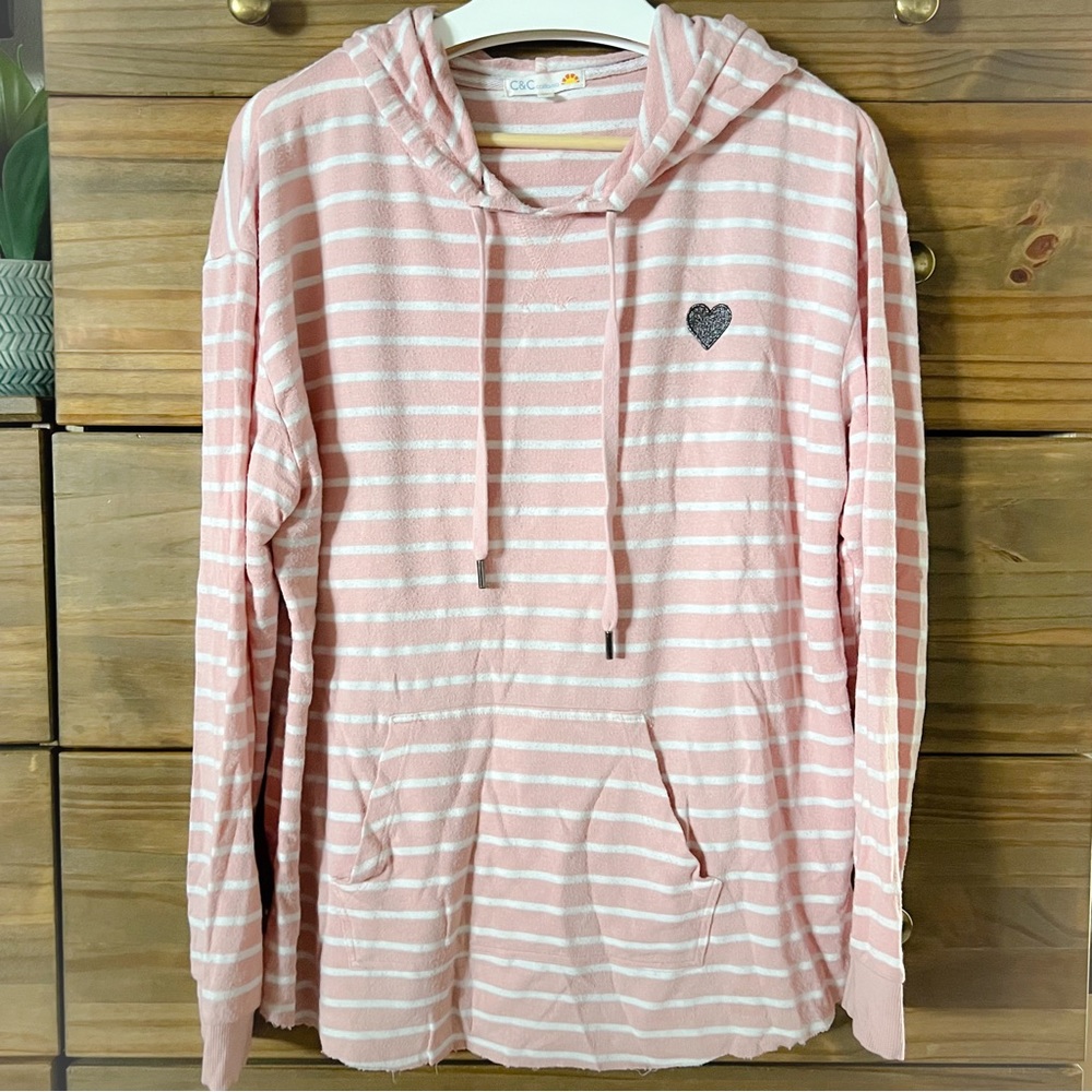 C&C California Pink/White Striped Raw Hem Pullover Hoodie M